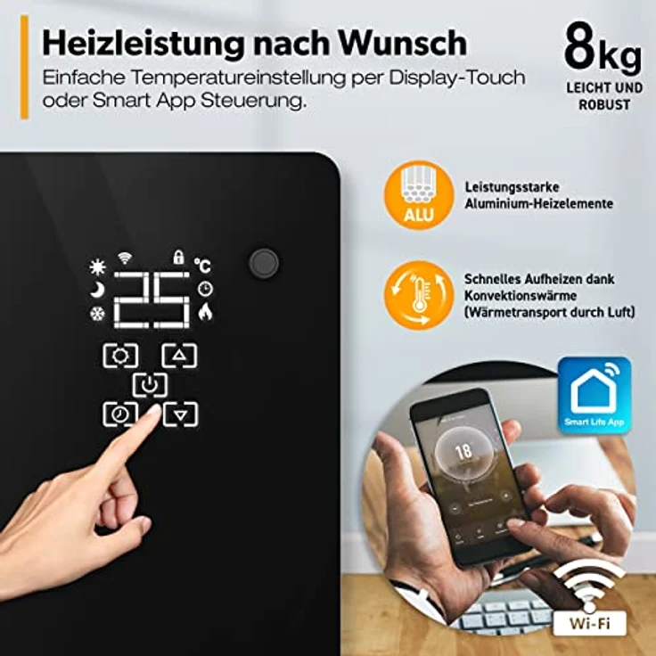 TRESKO Elektroheizung Schwarz 2000W inkl. WiFi & APP Glaskonvektor Konvektor Wand Heizung Glas Heizkörper Bad, Konvektor – Bild 4