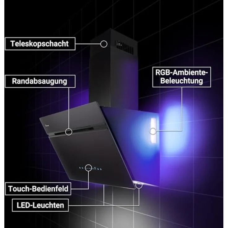 KKT KOLBE AURORA6005FB Dunstabzugshaube 60 cm, 782 cbm/h, Kopffrei, Schwarz, Glas, Smart WiFi App, Nachlaufautomatik, SensorTouch, RGBW LED-Beleuchtung, A+++ – Bild 4