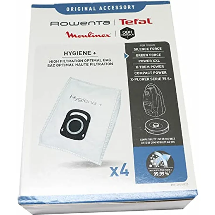 Rowenta Staubsaugerbeutel Hygiene +, 99,9% Filtration von Mikropartikeln, automatisches Verschlusssystem, 4 Stück, weiß, ZR200520