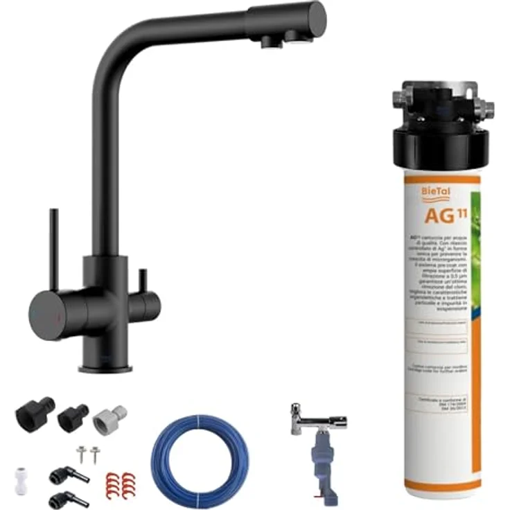 BieTal® Untertisch Wasserfilter Aktivkohle SET 3-Wege Hahn Schwarz & Wasserstop mit Effektiver Filterung & Verbesserung von Geschmack und Geruch – Bild 2