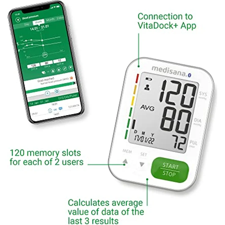 medisana BU 570 connect Oberarm-Blutdruckmessgerät, präzise Blutdruck und Pulsmessung mit Speicherfunktion und Bluetooth-App, Ampel-Skala, Funktion zur Anzeige eines unregelmäßigen Herzschlags – Bild 5