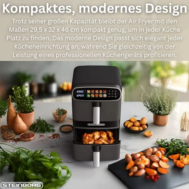 Steinborg® Heißluftfritteuse XXL 12L Double Stack, 2 Kammern à 6L, 10 Kochprogramme, 2800W, fettfreies Frittieren, kompaktes Design – Bild 5