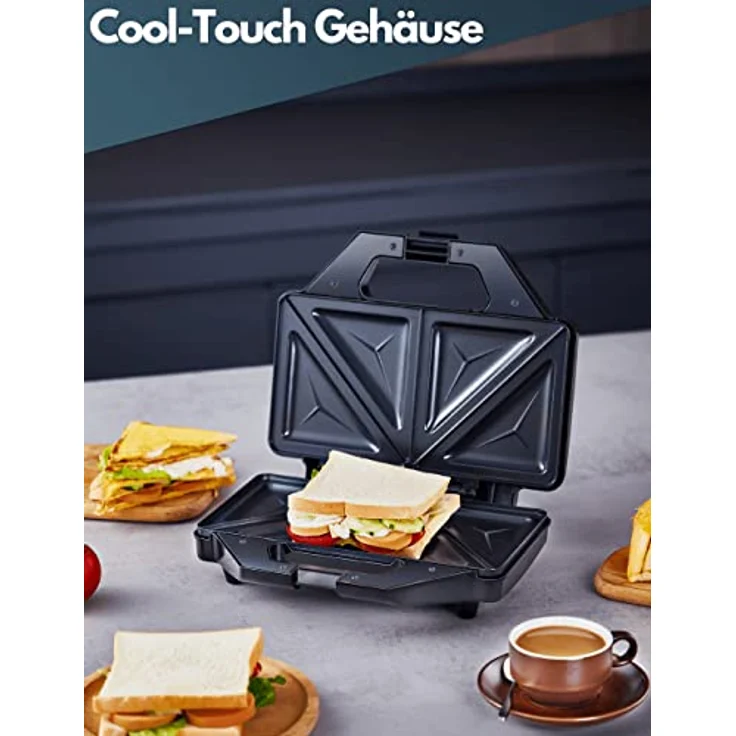 Steinborg SB-2110 Sandwich-Maker, 1200 Watt, für 2 Sandwiches, Thermostat, Backampel, antihaftbeschichtet, Cool-Touch-Gehäuse, schwarz, silber – Bild 4