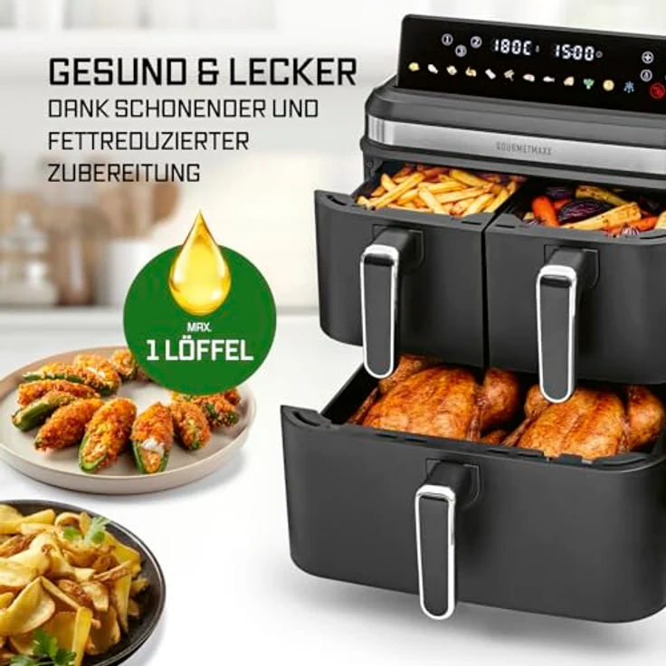 GOURMETmaxx FryUp3 3-Kammer-Heißluftfritteuse 3000W, schwarze Edelstahl-Optik, 17l Volumen, LED-Touchdisplay, 12 Programme – Bild 11