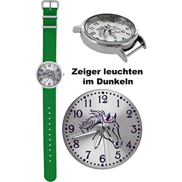 Pacific Time Mädchen Uhr 10303, Analog Quarz mit Pferdemotiv, grünes Textil Wechselarmband, 3,2 cm Gehäusedurchmesser, leuchtende Zeiger, verstellbar von 12,5 cm bis 19,5 cm – Bild 4