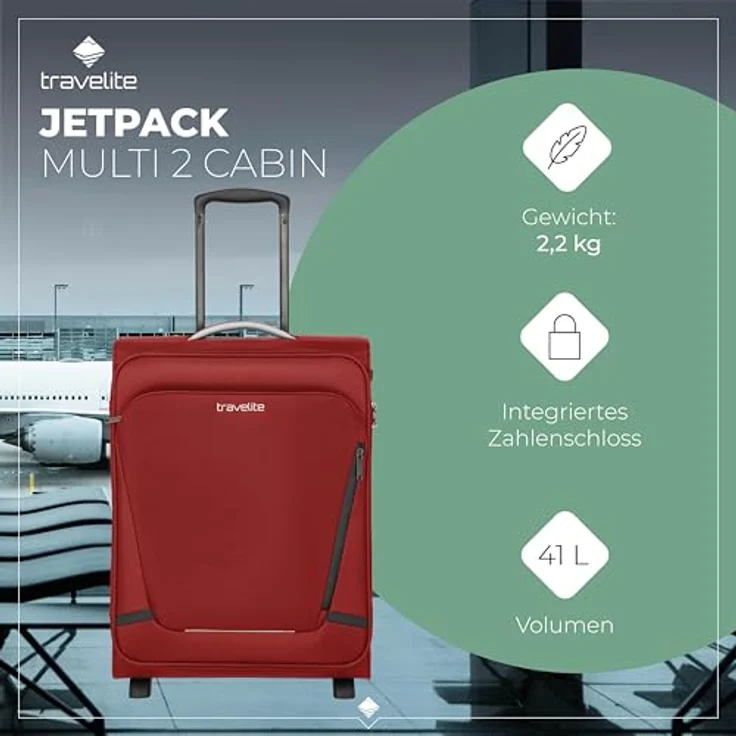 Travelite Handgepäck Koffer Jetpack, integriertes Zahlenschloss, 55x40x20 cm, 41 l, 2,2 kg - Rot – Bild 2