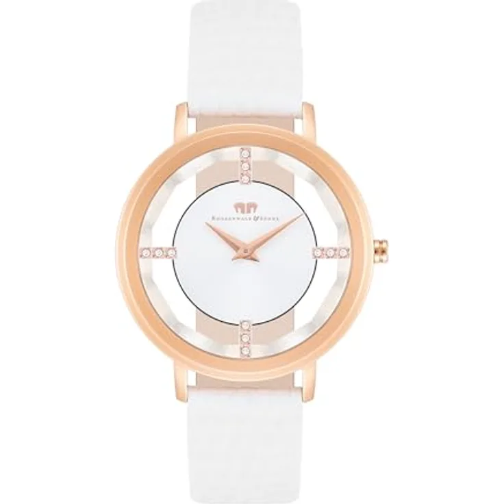 Rhodenwald & Söhne Damen Uhr 10010424, analoges Japan Quarzwerk mit rosévergoldetem Edelstahl-Gehäuse, weißem Echtlederarmband und spritzwassergeschützt