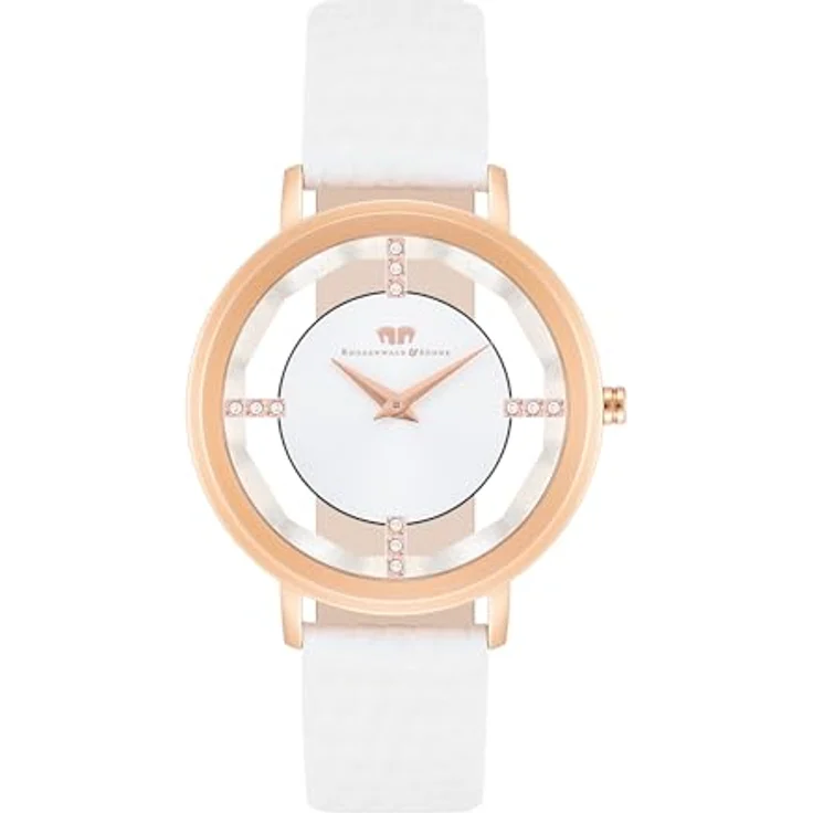Rhodenwald & Söhne Damen Uhr 10010424, analoges Japan Quarzwerk mit rosévergoldetem Edelstahl-Gehäuse, weißem Echtlederarmband und spritzwassergeschützt – Bild 1