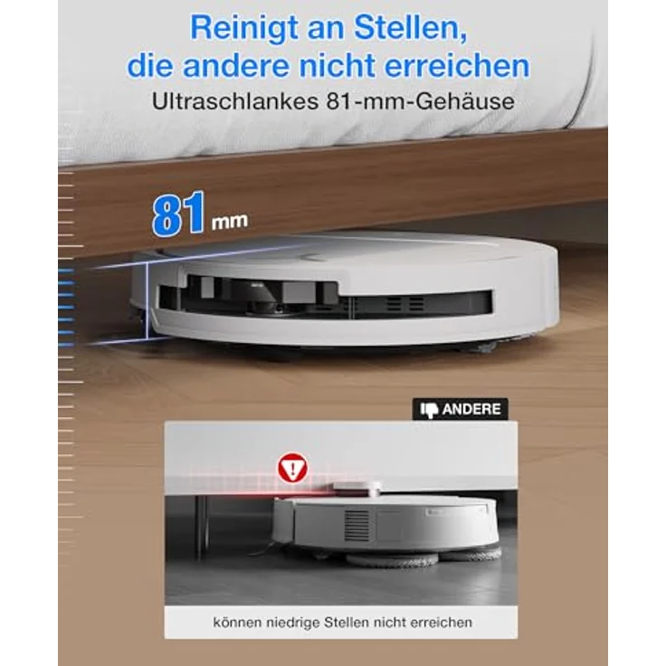 ECOVACS DEEBOT T50 Omni Gen3 Saugroboter mit Wischfunktion, 25.000 Pa Saugkraft, ZeroTangle 3.0, AIVI 3D 2.0, All-in-One-Omni-Station, ultraflach 81 mm, Mattweiß – Bild 4