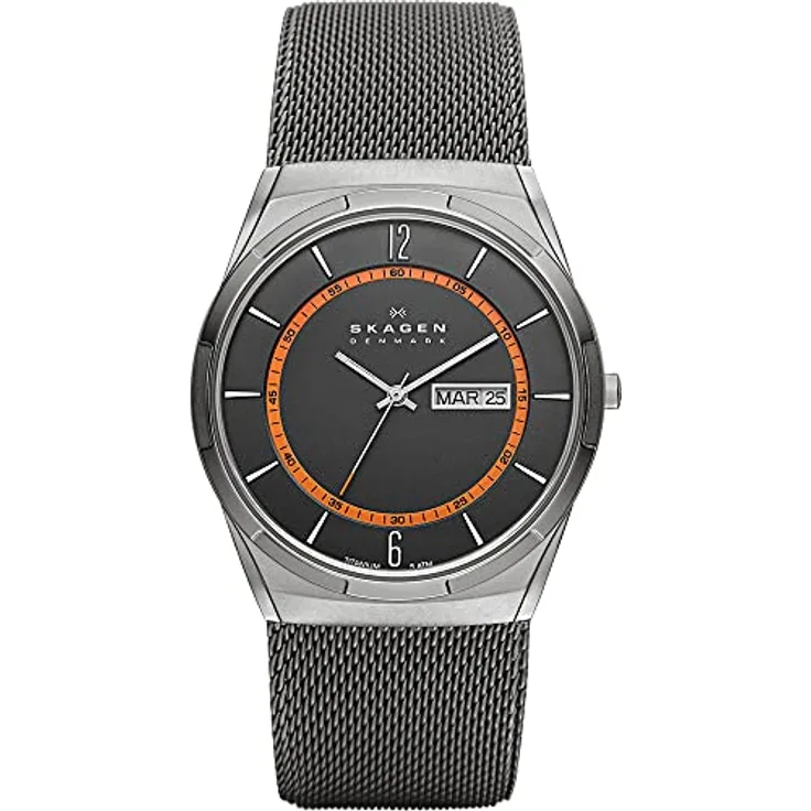 Skagen Herrenuhr Melbye Titanium, DreizeigerTagDatum Uhrwerk, 40mm Charcoal Titanium Gehäuse mit einem Edelstahl Mesh Armband, SKW6007