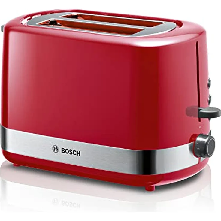 Bosch Kompakt Toaster TAT6A514, integrierter Edelstahl-Brötchenaufsatz, mit Abschaltautomatik, mit Auftaufunktion, perfekt für 2 Scheiben Toast, Liftfunktion, Brotzentrierung, 800 W, Edelstahl/rot – Bild 1
