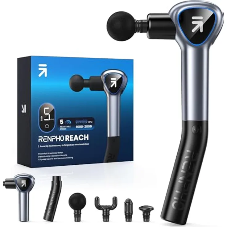 RENPHO Reach Massage Gun Massagegerät mit Verlängerungs Griff, LED Touchscreen und leisem Motor, Grau