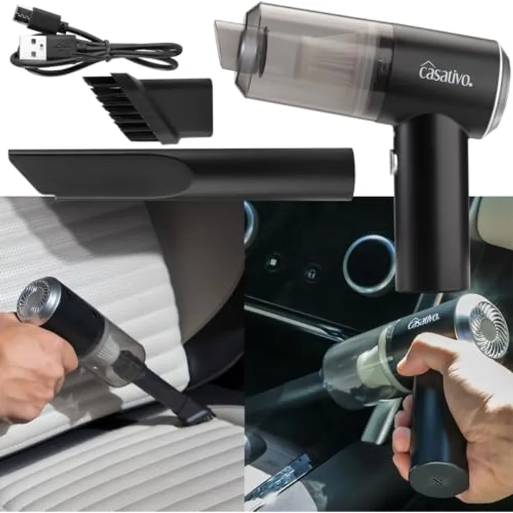 Casativo Akku-Handstaubsauger 50W, kabellos mit HEPA-Filter, LED-Leuchte, 3kPa Saugkraft, schwarz, 15 Min. Laufzeit, leicht (310 g)