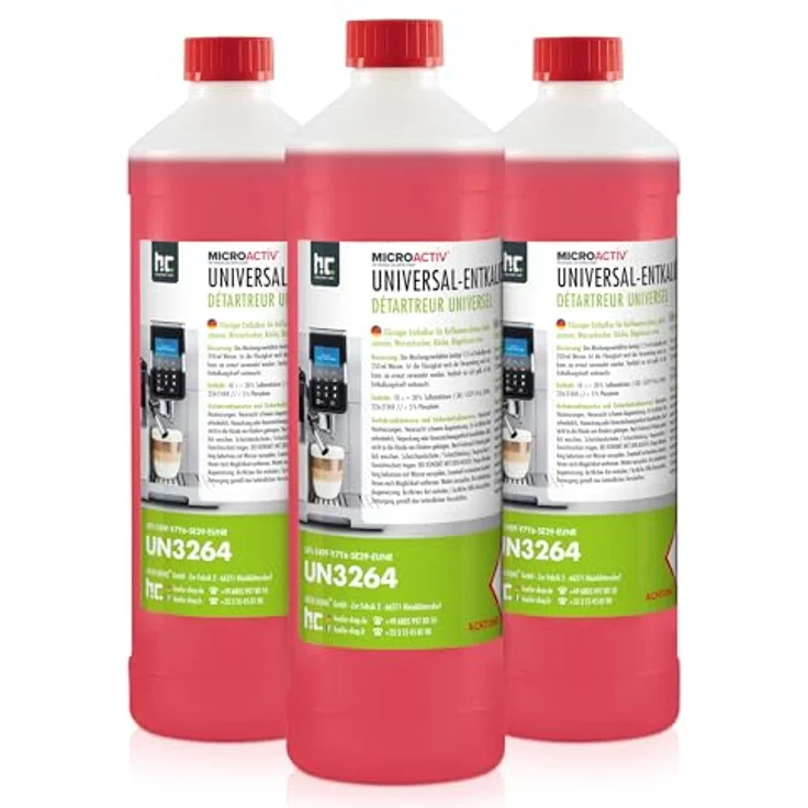 Höfer Chemie 3 x 1 L Universal Entkalker, für alle Kaffeevollautomaten und Geräte, mehrfach verwendbar mit Indikatorflüssigkeit – Bild 1