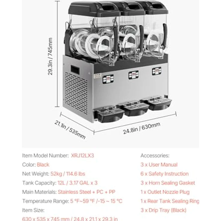VEVOR Slusheis Maschine XRJ12LX3, 12 L x 3 Dreifachtank Edelstahl, für gefrorene Getränke, effizient und bedienfreundlich – Bild 7