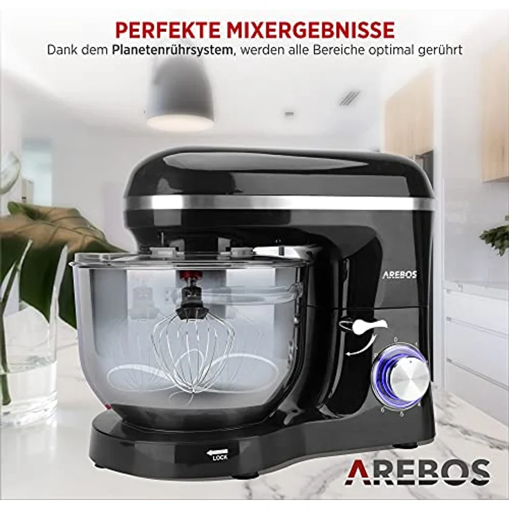 Arebos Küchenmaschine 1500W mit 6L Edelstahl-Rührschüssel | Schwarz | inkl. Rührhaken, Knethaken, Schneebesen | Spritzschutz | 6 Geschwindigkeiten | Knetmaschine | Teigmaschine – Bild 4