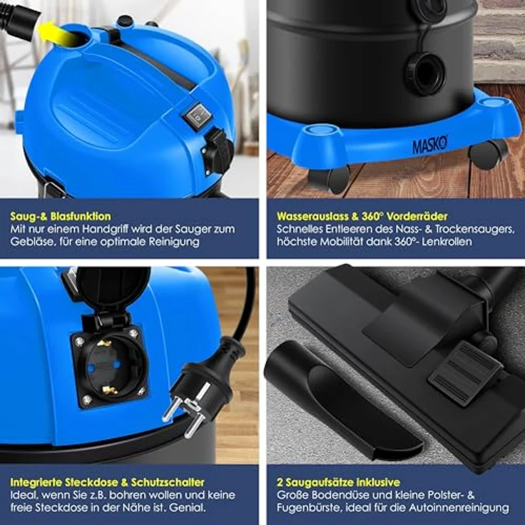 MASKO 6IN1 Industriestaubsauger Staubsauger Nass Trocken Sauger Aschesauger 2300W + Steckdose   Blasfunktion   Trocken-Saugen & Nass-Saugen   Industrie-Sauger mit & ohne Beutel   beutellos Blau – Bild 4