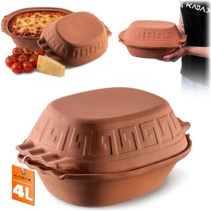 KADAX Tonbräter Augustus, Keramiktopf mit Deckel für Mikrowelle und Backofen, oval, 4L, Dampfgarer für fettfreies Kochen aus natürlichen Materialien