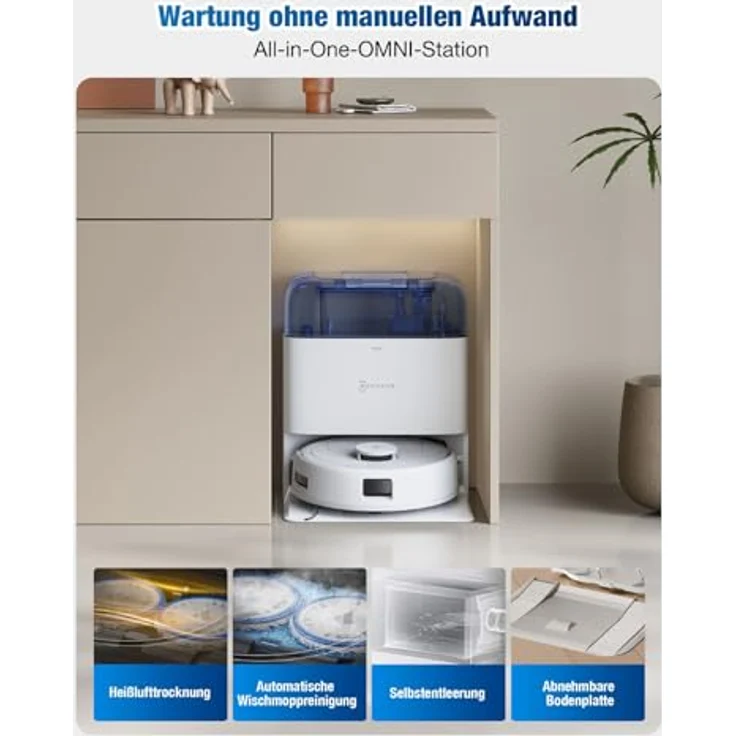 ECOVACS DEEBOT MINI Saugroboter mit Wischfunktion, 9.000 Pa Saugkraft, ZeroTangle 2.0, TrueMapping 2.0, 45 ℃ Heißlufttrocknung, intelligente Tiefenreinigung, Selbstreinigung, Blau – Bild 4