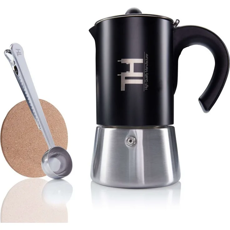 Thiru Espressokocher Induktion, Premium Mokkakanne aus Edelstahl mit granularem Filter, 2-4 Tassen inklusive Toolset