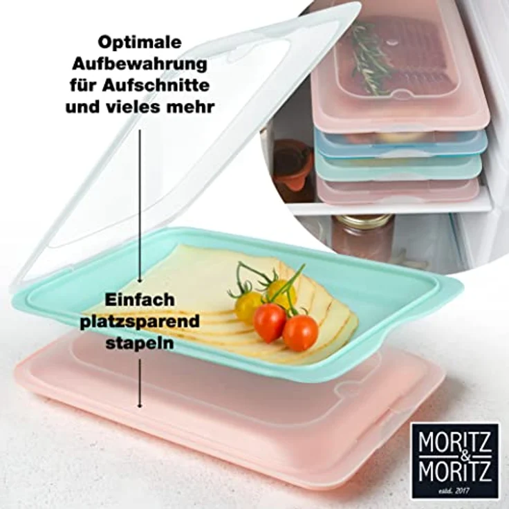 Moritz & Moritz 4er Set Aufschnittbox stapelbar – Frischhaltedosen mit Deckel zur Aufbewahrung von Wurst, Käse, uvm. – inkl. Tafelsticker zum Beschriften, in edlen Grautönen - Preisvergleich – Bild 4