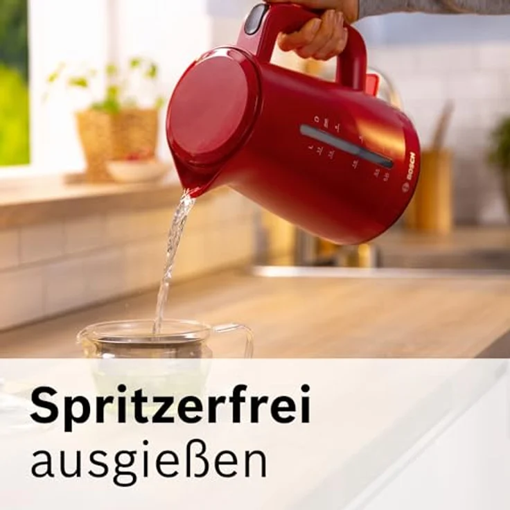 Bosch kabelloser Wasserkocher My Moment TWK3M124, Abschaltautomatik, Überhitzungsschutz, Tassenanzeige, beidseitige Wasserstandsanzeige, entnehmbarer Kalkfilter, 1,7 L, 2400 W, Rot matt – Bild 4