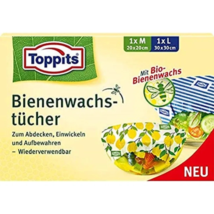 Bienenwachstücher - TOPPITS, zum frischhalten von Lebensmitteln M (20 x 20 cm) und L (30 x 30 cm), Bio