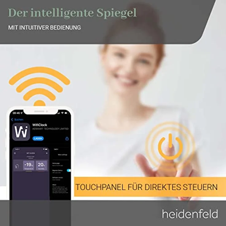 Heidenfeld Infrarot Spiegelheizung Infrarotheizung Wetteranzeige Wifi LED Licht (350 Watt),  – Bild 5