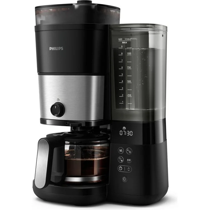 Philips HD7900/90 All-in-1 Brew, Kaffeemaschine mit Mahlwerk, abnehmbarer Duo-Kaffeebohnenbehälter, Permanentfilter, Glaskanne, Intensitätseinstellung, Timer