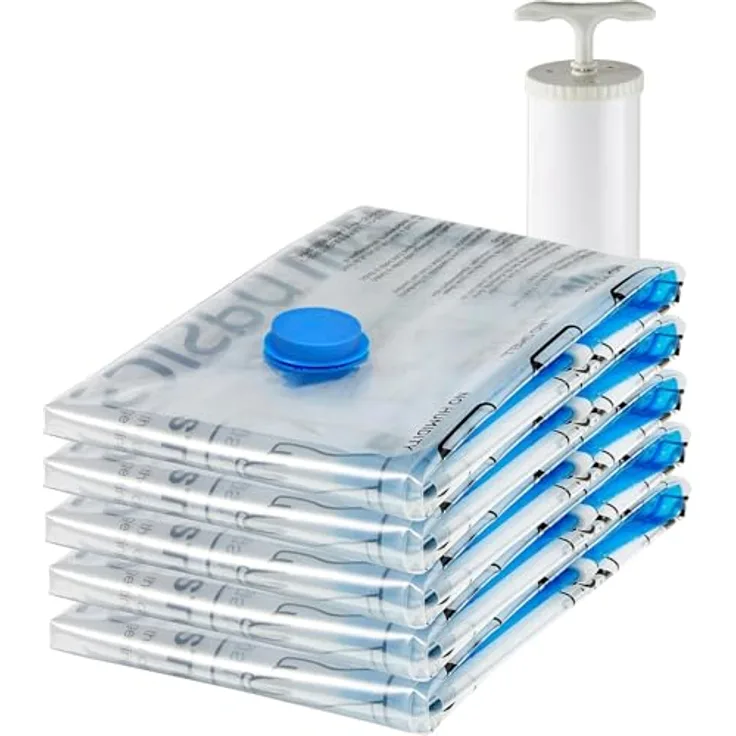 Amazon Basics Vakuumbeutel für Kleidung, 5er-Pack, mittelgroß (70 x 50 cm), luftdicht mit Handpumpe und Reißverschluss, transparent