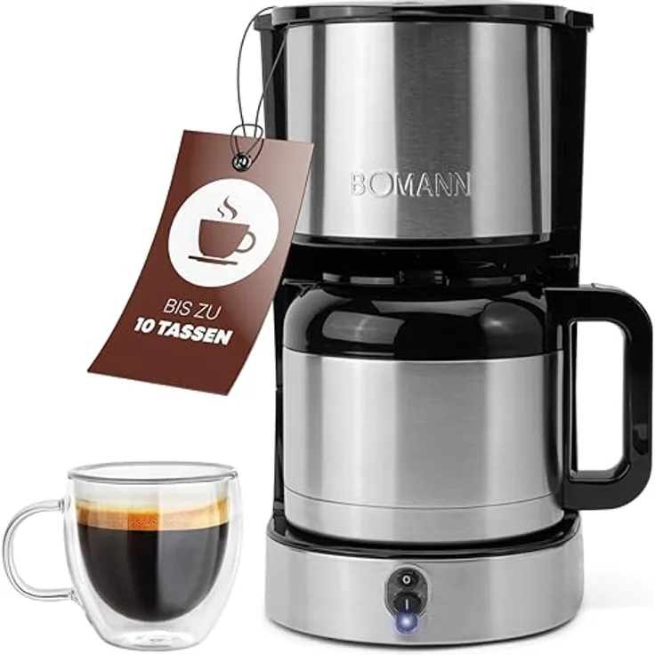 Bomann® Kaffeemaschine mit Thermoskanne für 8–10 Tassen Kaffee (ca. 1,2L) | Filterkaffeemaschine Edelstahl | doppelwandige Thermoskanne | kein Temperaturverlust | Kaffeemaschine 800W | KA 6066 CB