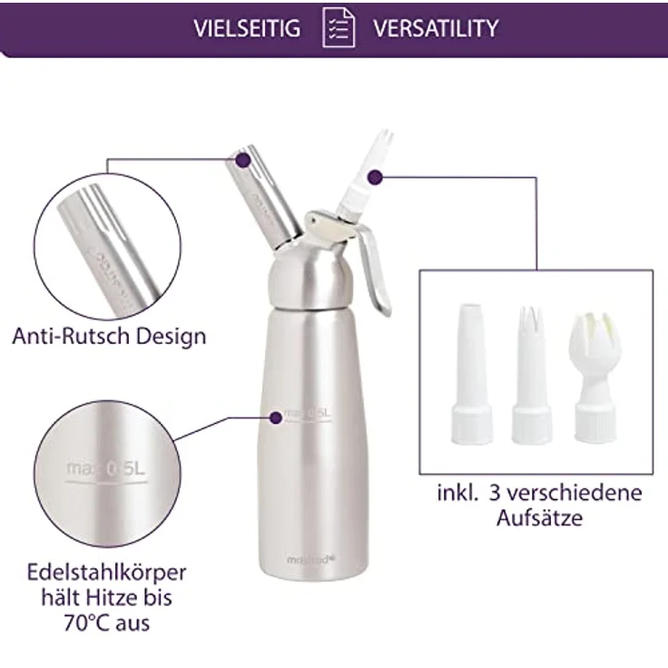 Mastrad Mousse und Sahne Spender für warme und kalte Saucen, Schlagsahne Spender mit Reinigungsbürste und drei Dekorationsdüsen, Aluminium, Silber, 0,5 Liter – Bild 3