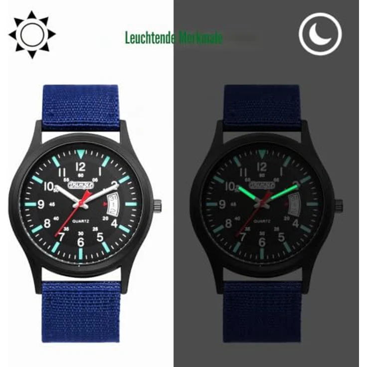 JewelryWe Herrenuhr Militär, Leuchtende Quarz Armbanduhr mit schwarzem 12/24-Stunden Zifferblatt, blauem Nylonarmband und Datumsanzeige – Bild 5