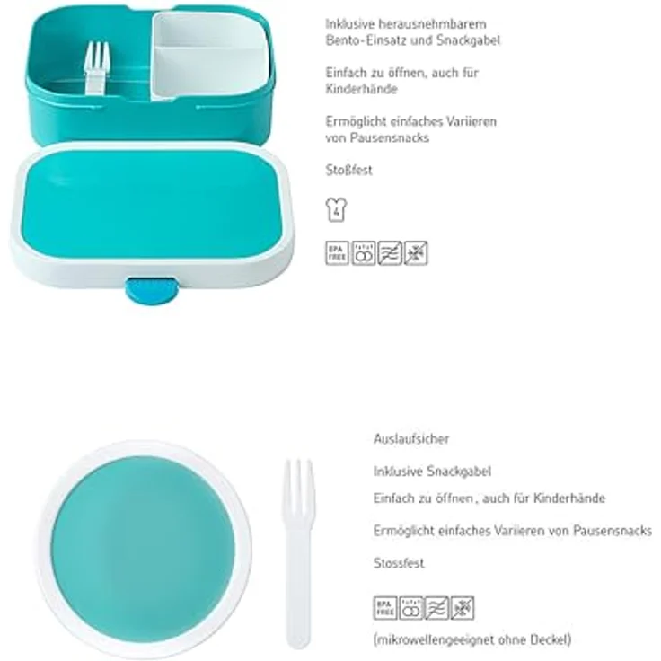 Mepal Kinder Obst- und Bento Box | Campus meets Fruits | Spülmaschinenfest & BPA-frei | 300 & 750 ml | Mit Fächern, Gabel & Clip-Verschluss | Türkis – Bild 2