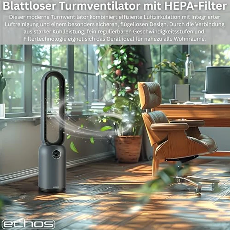 Echos® Turmventilator, bladeless mit HEPA-Filter, 24 Geschwindigkeitsstufen, energiesparend, leise, mit Fernbedienung und 12h Timer – Bild 2