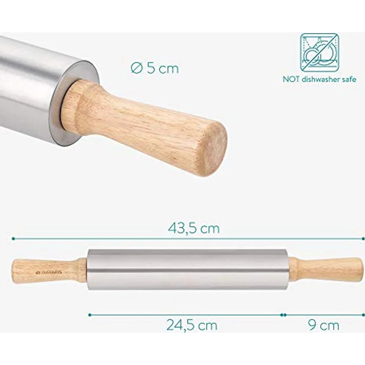 Navaris Nudelholz aus Edelstahl mit Holzgriffen - Teigroller mit Metallachse - zum Backen Ausrollen – Bild 4