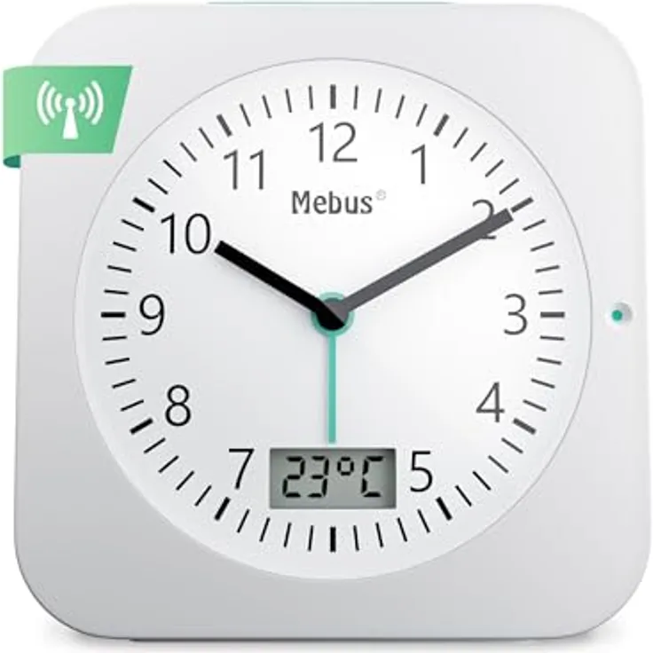 MEBUS Funk-Wecker Modell 25610 L, mit Temperaturanzeige, Datum, Batteriebetrieben, Schlummer-Funktion, großes beleuchtetes Display, Farbe: Weiss, Reisegröße