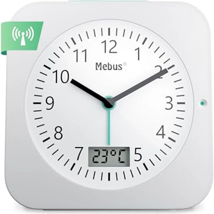 MEBUS Funk-Wecker Modell 25610 L, mit Temperaturanzeige, Datum, Batteriebetrieben, Schlummer-Funktion, großes beleuchtetes Display, Farbe: Weiss, Reisegröße – Bild 1