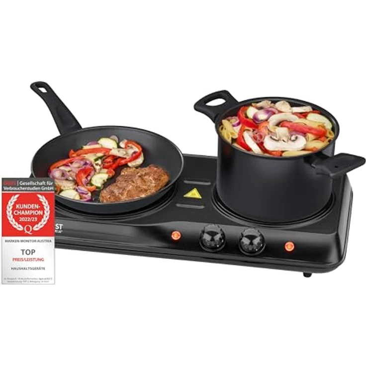 TZS First Austria Infrarot Keramik-Herdplatte doppelt | ALLE Topfarten | Doppelkochplatte 19cm / 16,5cm | Kochfeld für Umzug, Camping, Ferienwohnung - schnelles Aufheizen & stufenlose Einstellung – Bild 1