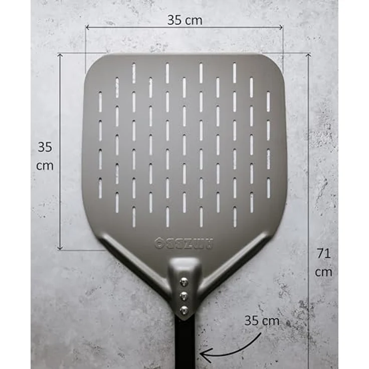 AMZBBQ® Premium Pizzaschieber, 35 x 35 x 71 cm, perforierte Pizzaschaufel aus harteloxiertem Aluminium mit ergonomischem Griff für sicheres Manövrieren – Bild 2