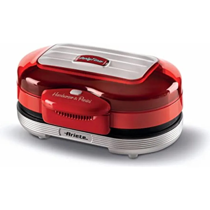 Ariete Hamburger Maker Party Time 205, Elektrischer Sandwichmaker, Elektrischer Grill mit Zwei Antihaftbeschichteten Grillplatten, 2 Heizkammern, Leicht zu Reinigen, 1200 W, Rot