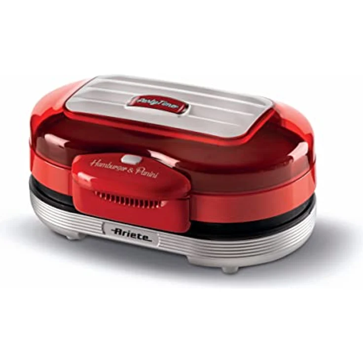 Ariete Hamburger Maker Party Time 205, Elektrischer Sandwichmaker, Elektrischer Grill mit Zwei Antihaftbeschichteten Grillplatten, 2 Heizkammern, Leicht zu Reinigen, 1200 W, Rot – Bild 1