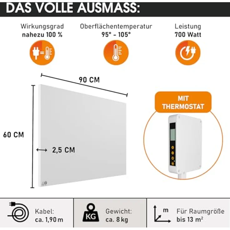 BRAST Infrarotheizung mit Thermostat | 700 Watt | Made in Europe | hoher Wirkungsgrad | Ultraflache Bauweise | IP-TH 700 – Bild 2
