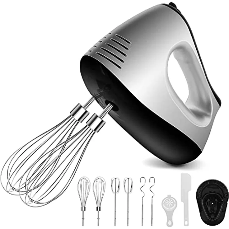 NWOUIIAY Handmixer Elektrisch 500W Handrührer 5 Drehzahl Turbinenfunktion mit 2 Mixer, 2 Haken, 2 Schneebesen - Einfaches Schlagen von Teig, Edelstahl, Schwarz