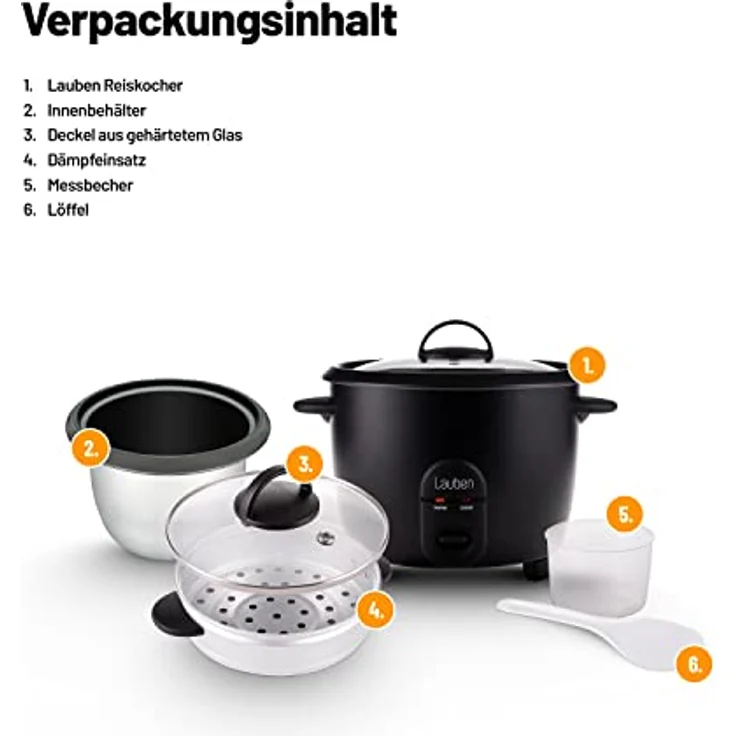 Lauben Rice Cooker 600BC Klein 0,6l, Metall-Dampfeinsatz, Glasdeckel, Dampfgarer, Antihaft, Cool-Touch, Warmhaltefunktion – Bild 5