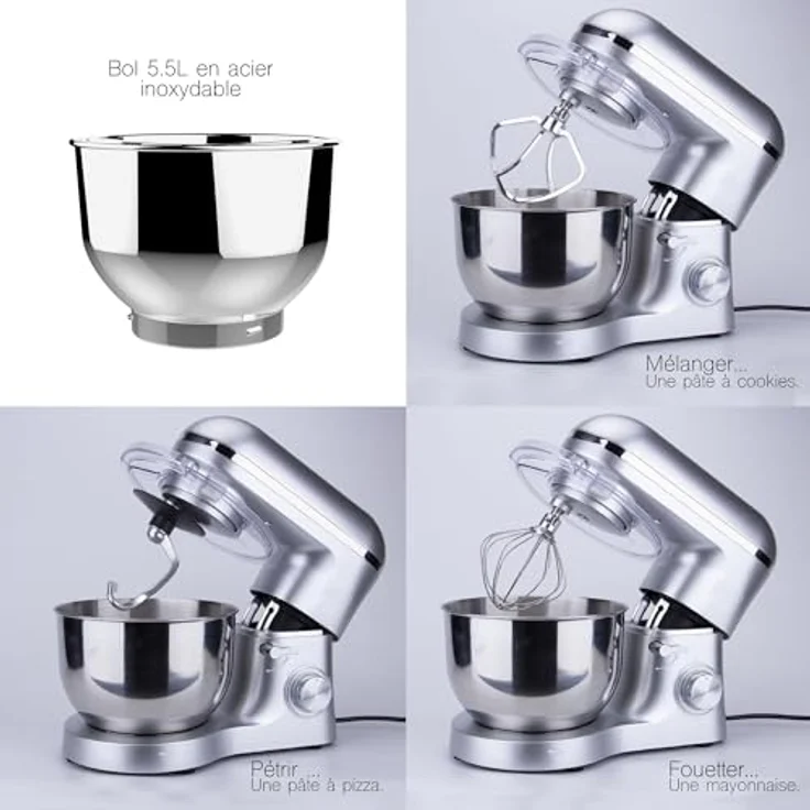 Kitchen Move Küchenmaschine, 1500W, 5,5L Edelstahlschüssel, 6 Geschwindigkeiten, Puls-Funktion, silber – Bild 5