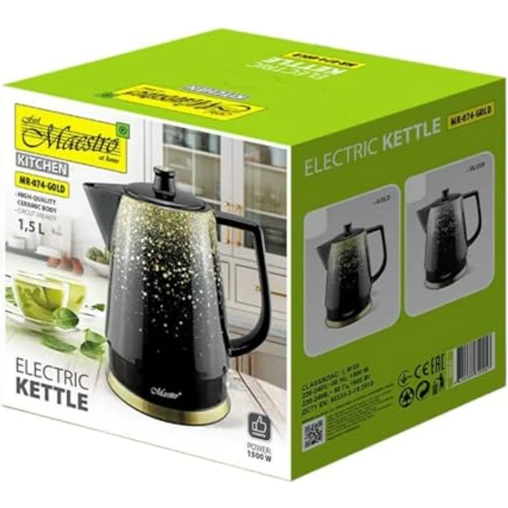Feel Maestro Wasserkocher MR-074, Schwarz, Gold, Keramik, 1500 W, 1,5 l, Hochwertige Abmessungen, Langlebig, Flexible Gestaltung