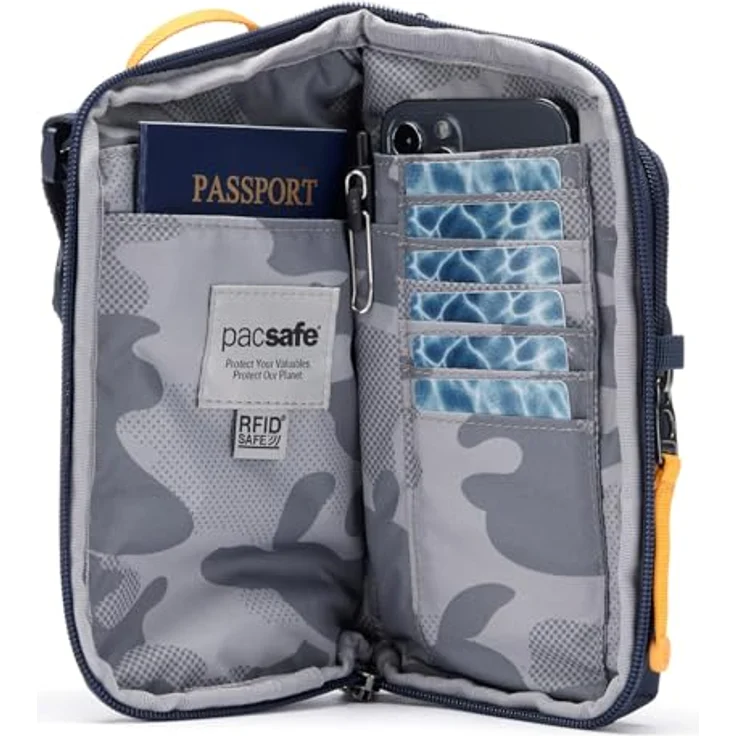 Pacsafe GO Tech, Anti-Diebstahl Handtasche aus reiß- und schnittfestem Material, Blau mit RFID-Schutz – Bild 8