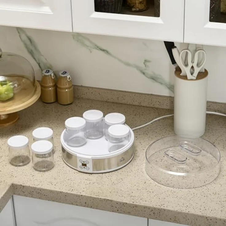 HOMCOM Joghurtbereiter, Joghurtmaschine mit Timer und Temperatur-Einstellung, 7 Glasbehälter je 180 ml, automatische Abschaltung, 20 W, Weiß – Bild 8