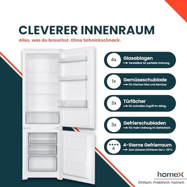 homeX CFB2491E Einbaukühlschrank mit Gefrierfach, 249 Liter, Schlepptür, 178 cm Nische, Energieeffizienzklasse E, leise mit 39 dB – Bild 4